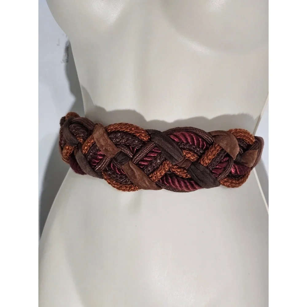 Leather Shop Vintage Braided Cinch Belt Brown Copper Burgundy Elastic Gold Clasp